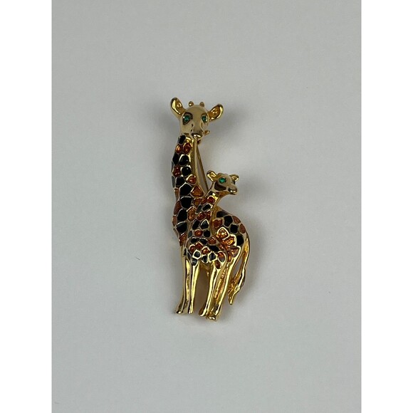 Vintage Giraffe Mother & Baby Brooch Gold Tone Enamel Amber Rhinestones Animal - Picture 3 of 11